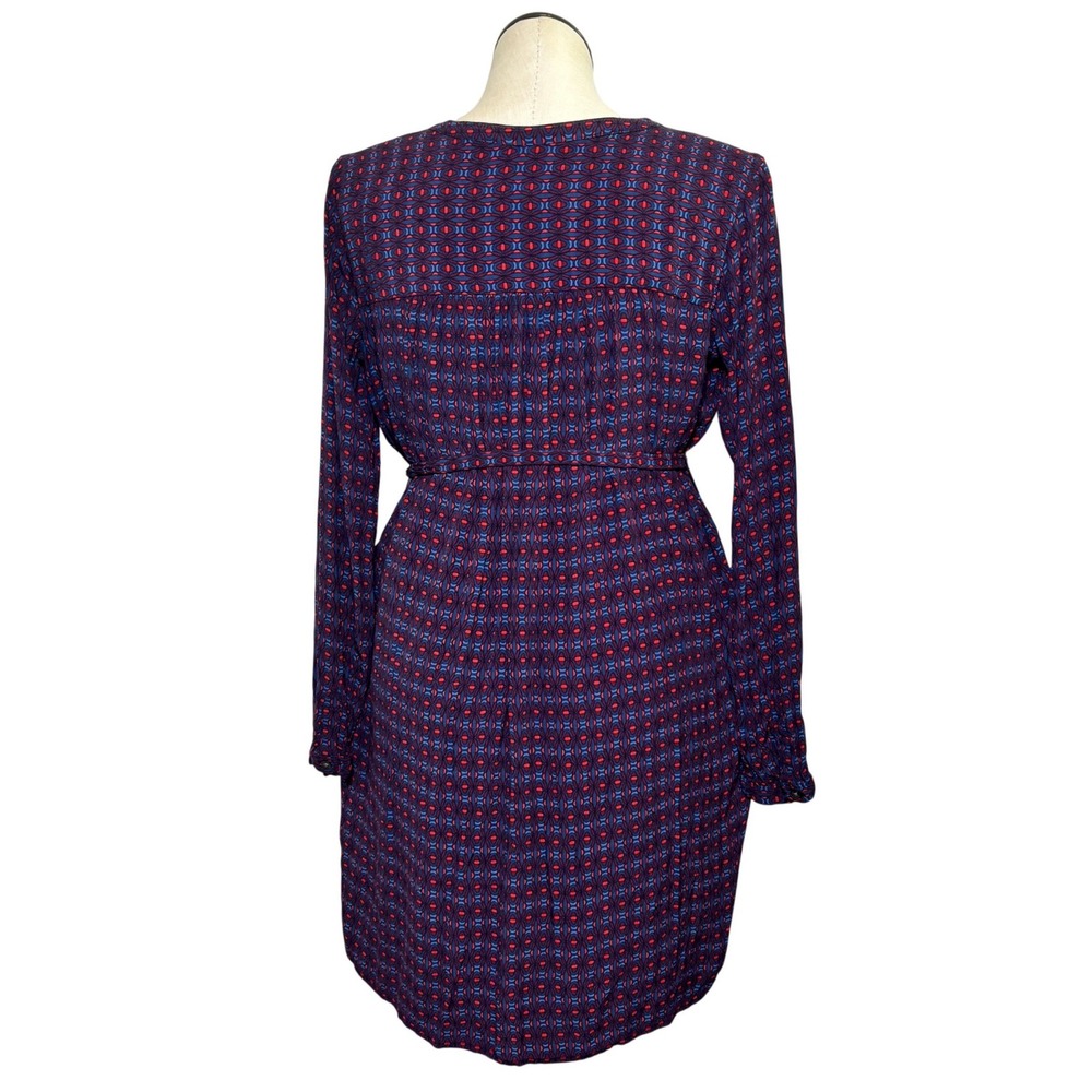 Gap Womens Large Blue Red Geometric Print Long Sleeve Rayon Belted Shirt Dress - Picture 3 of 6
